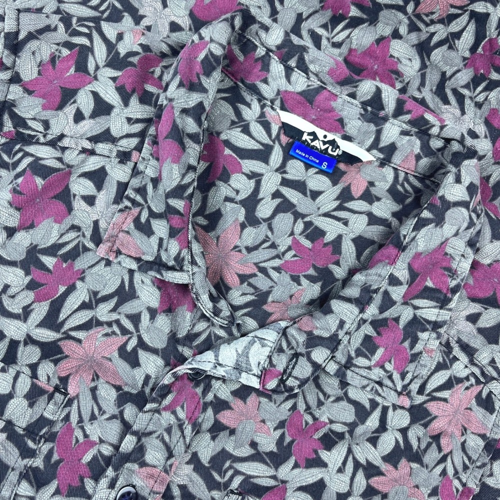 Kavu Mens Small Floral Tencel Button Down Shirt Long Sleeve Purple Grey Print